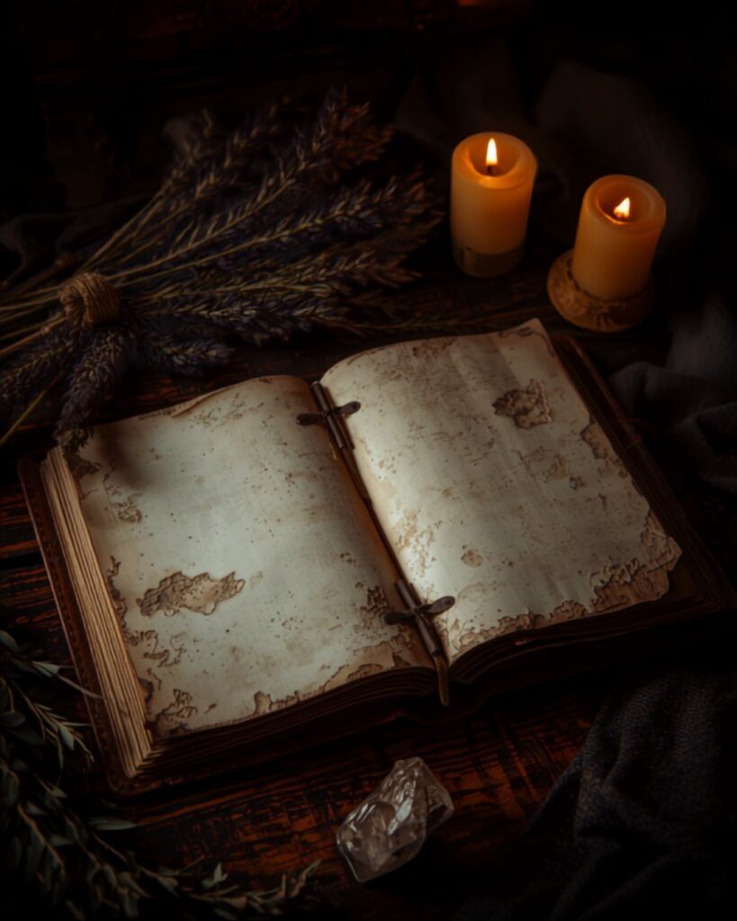 Livro das Sombras aberto sobre altar de madeira com velas, ervas secas e cristal ao redor