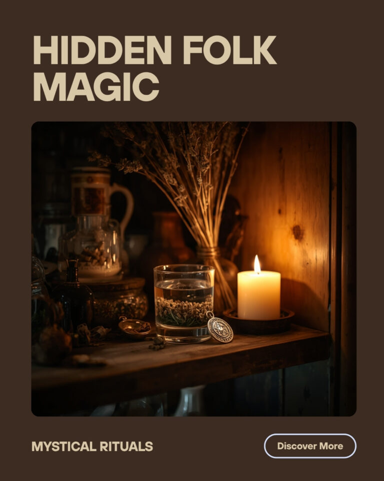 Pequeno altar doméstico com vela, copo de água, ervas secas e amuleto de proteção em prateleira de cozinha