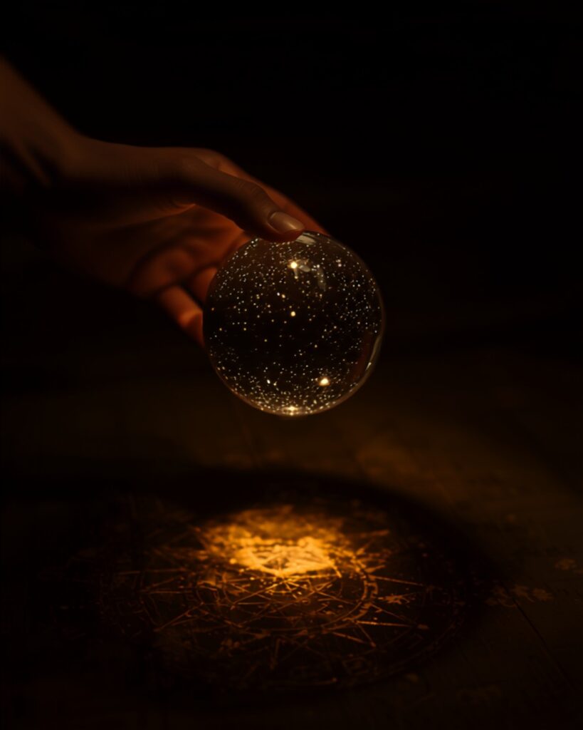 Mão segurando uma esfera de cristal refletindo o céu estrelado, simbolizando a conexão entre o macrocosmo e o microcosmo