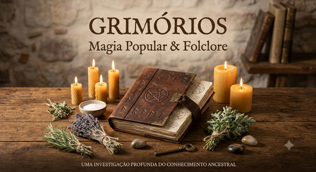 Grimório de couro com pentagrama sobre mesa de madeira rústica, cercado por velas acesas, ervas (alecrim, lavanda, arruda), sal e pedras, com estante de livros antigos ao fundo