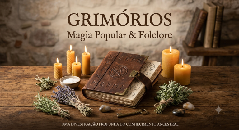 Grimório de couro com pentagrama sobre mesa de madeira rústica, cercado por velas acesas, ervas (alecrim, lavanda, arruda), sal e pedras, com estante de livros antigos ao fundo