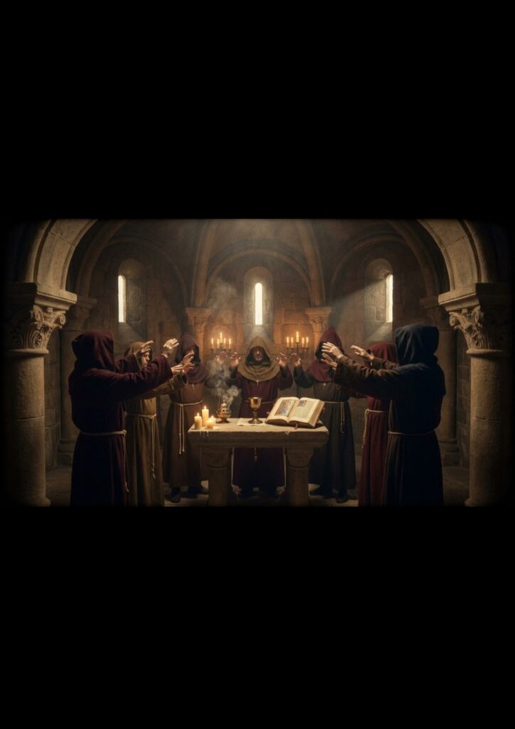 Cerimônia ritualística com figuras encapuzadas ao redor de um altar iluminado por velas em templo antigo