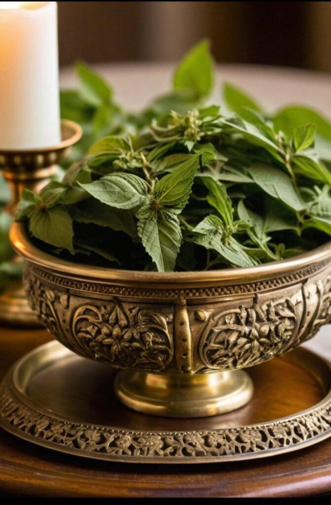 Folhas frescas de manjericão e arruda em recipiente ritualístico ao lado de uma vela acesa