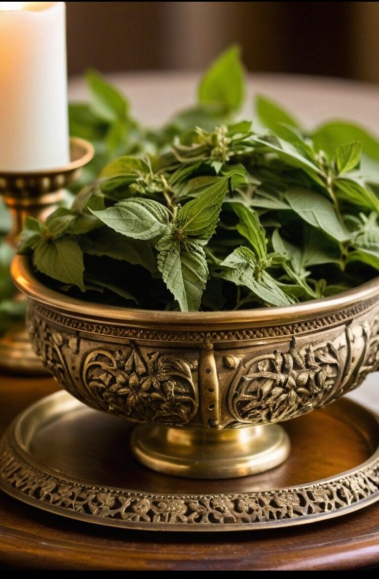 Folhas frescas de manjericão e arruda em recipiente ritualístico ao lado de uma vela acesa