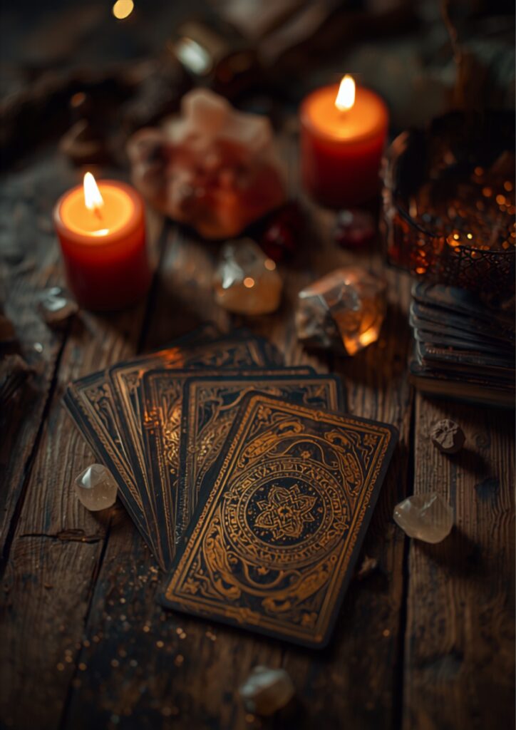 Cartas de Tarô sobre mesa de madeira com velas acesas