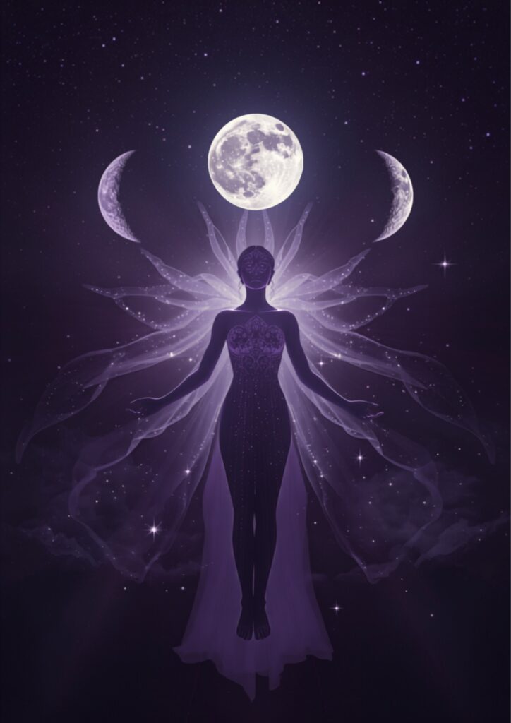 A Deusa Tríplice da Wicca representada pelas três fases da lua sobre céu estrelado