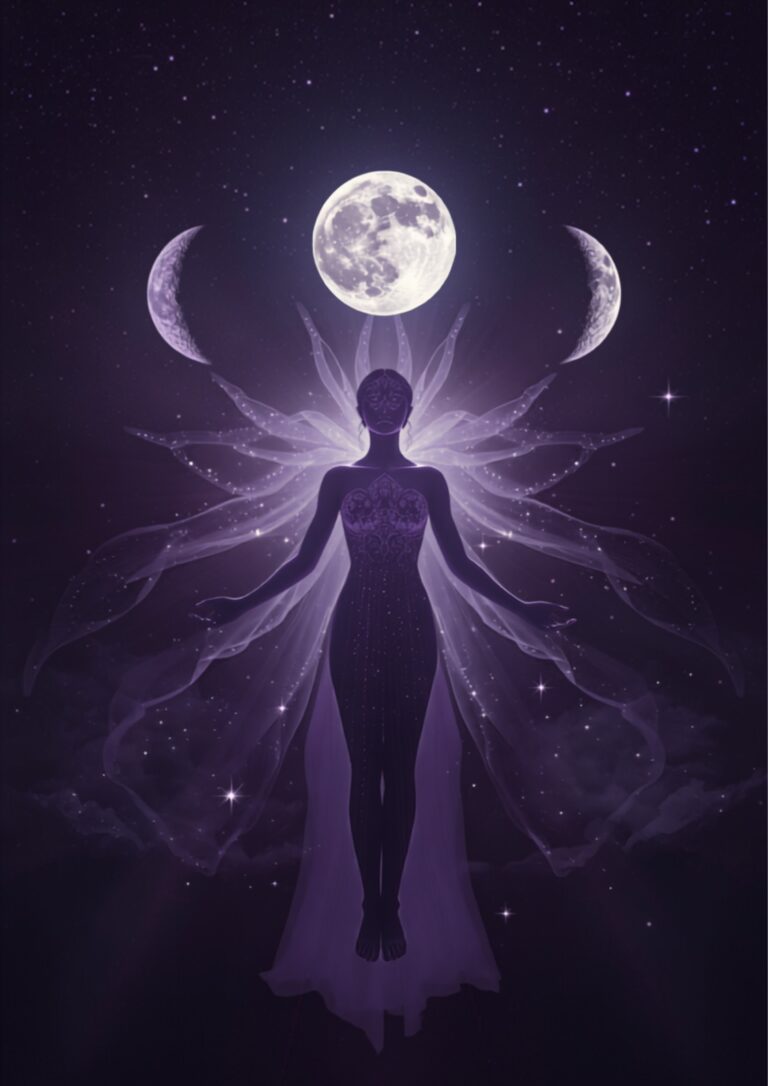 A Deusa Tríplice da Wicca representada pelas três fases da lua sobre céu estrelado