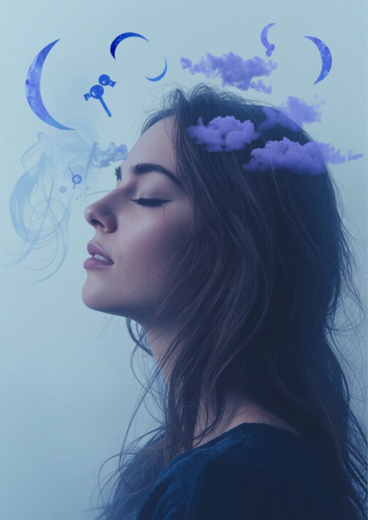 Pessoa dormindo com símbolos oníricos flutuando ao redor, em tons de azul e violeta