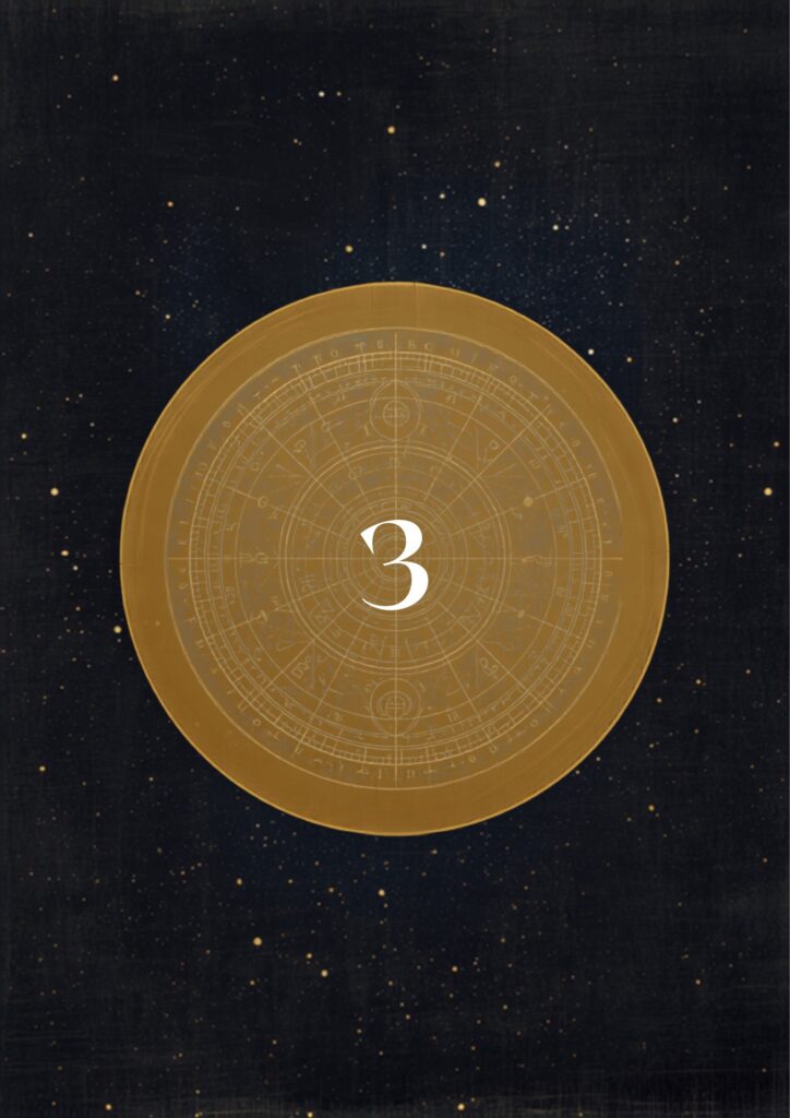 Mapa astral dourado com símbolos de planetas e signos sobre céu estrelado