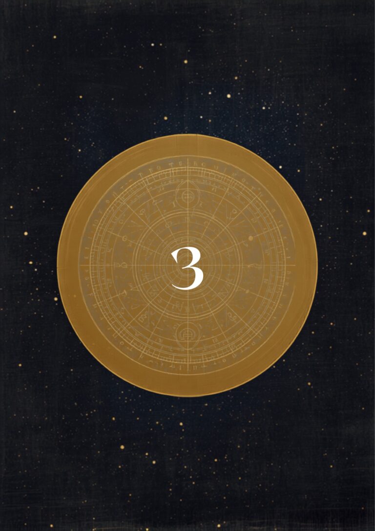 Mapa astral dourado com símbolos de planetas e signos sobre céu estrelado